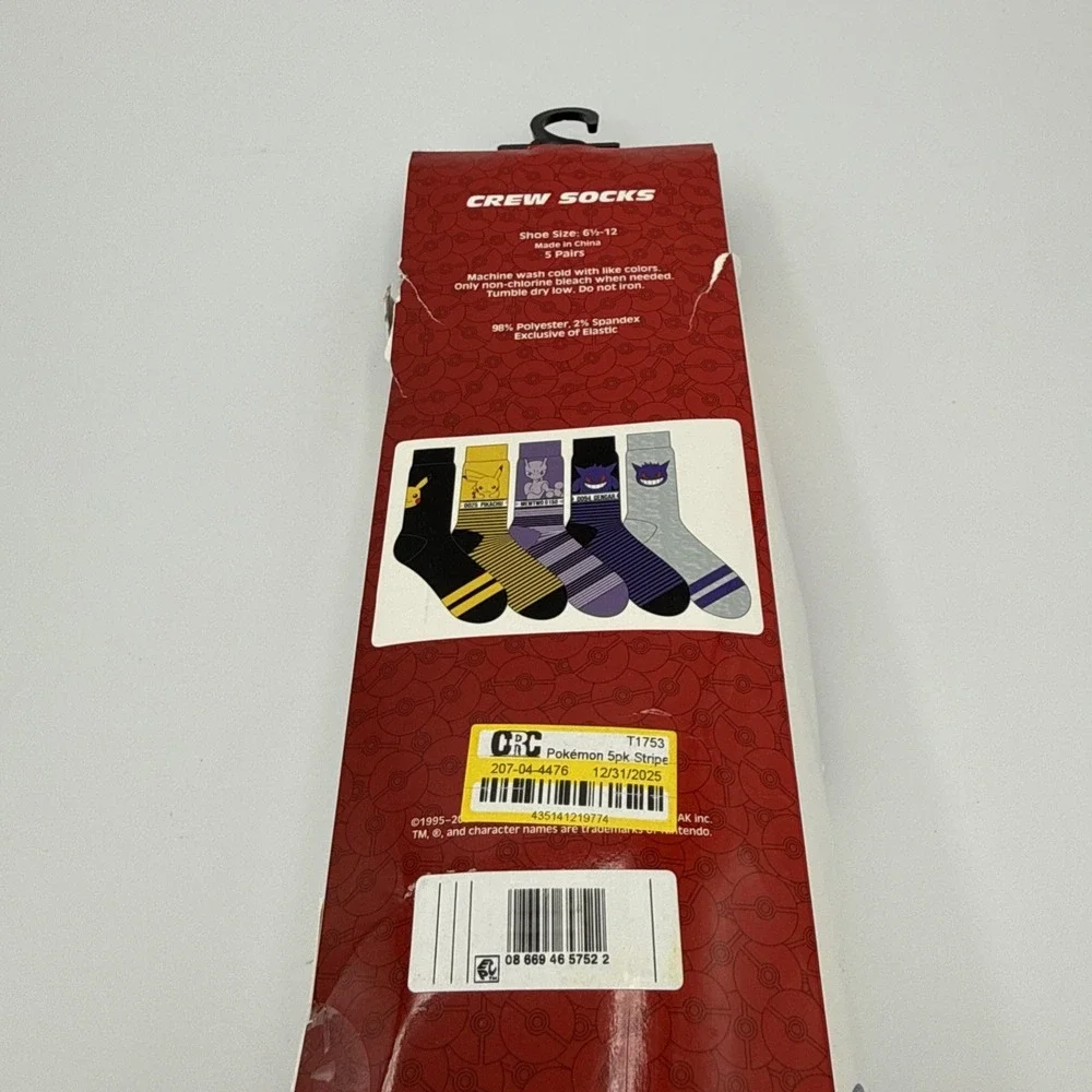 Brand New Pokémon Striped Crew Socks 5 Pack Sz 6.5-12 Pikachu Mewtwo Gengar